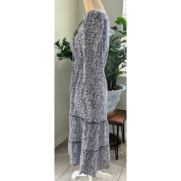Indigo Rose Floral Midi Dress Long Sleeve Tie Front Layered Elastic Waist Sz S - Picture 4 of 16